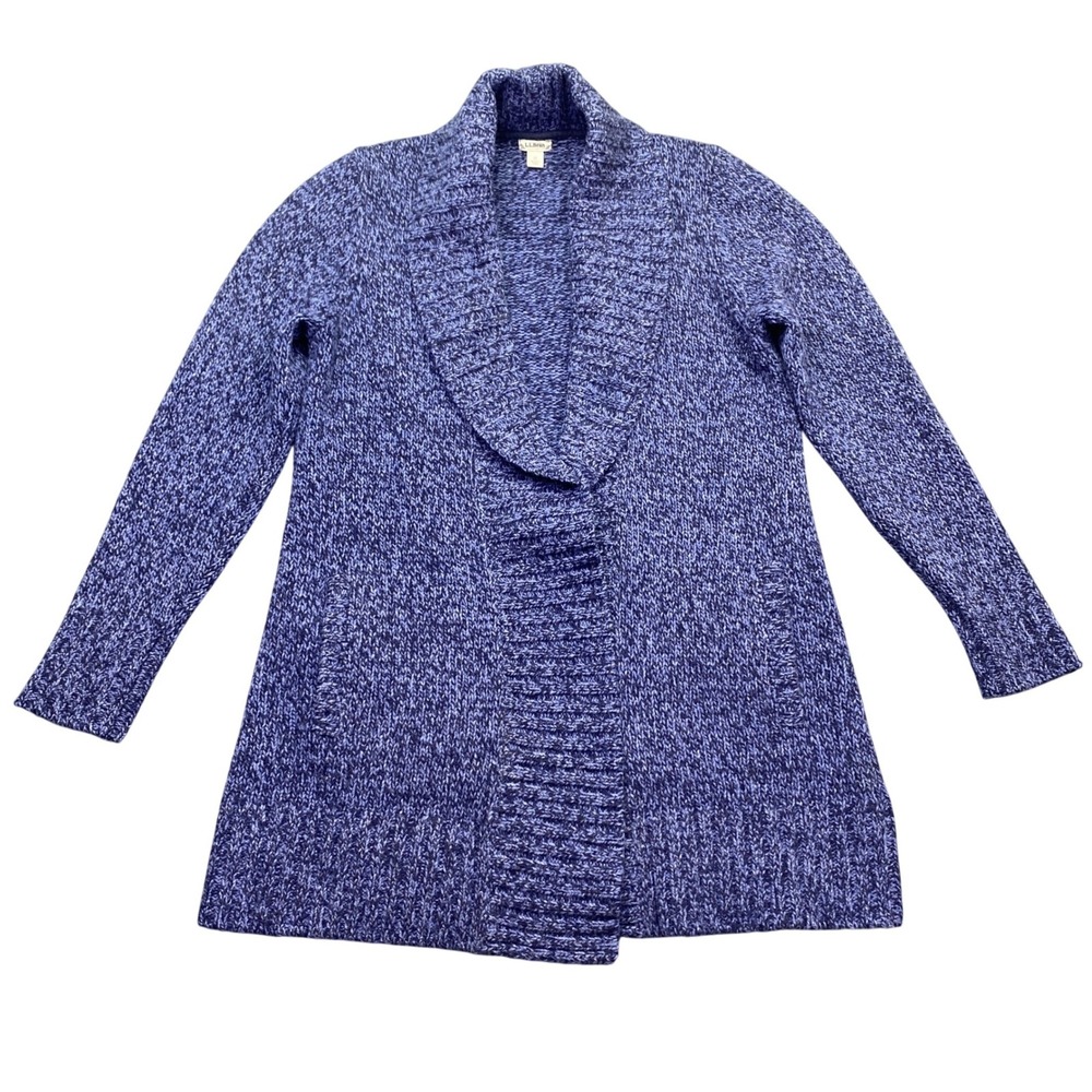 LL Bean Womens Blue Marled 100% Lambswool Shawl Collar Cardigan Sweater M 508053